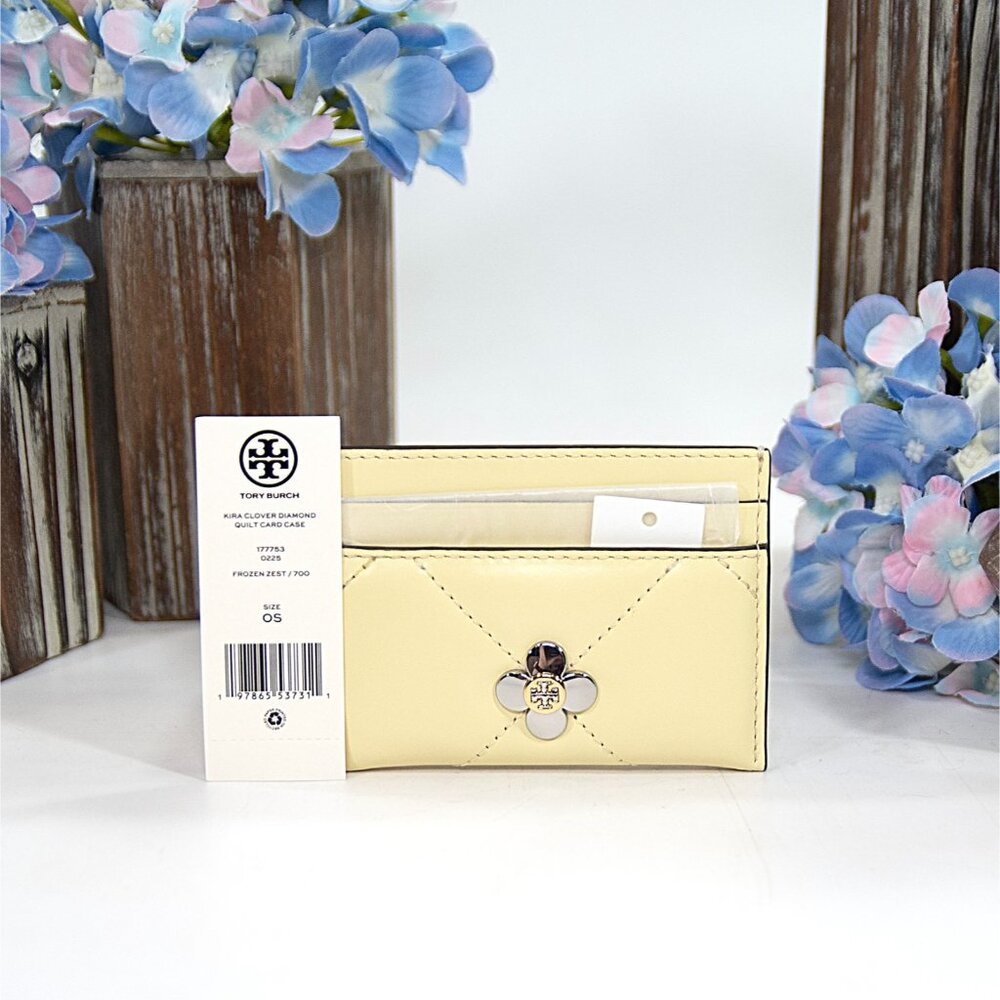 Tory Burch Frozen Zest Leather Kira Clover Quilt Logo Card Case Mini Wallet NWT